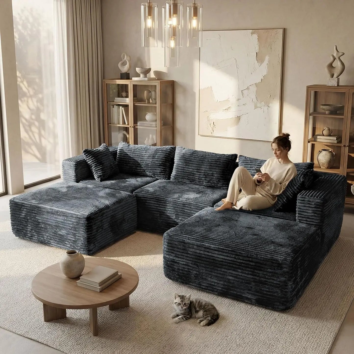 Modular Sectional Sofa With Ottomans Corduroy Upholstery