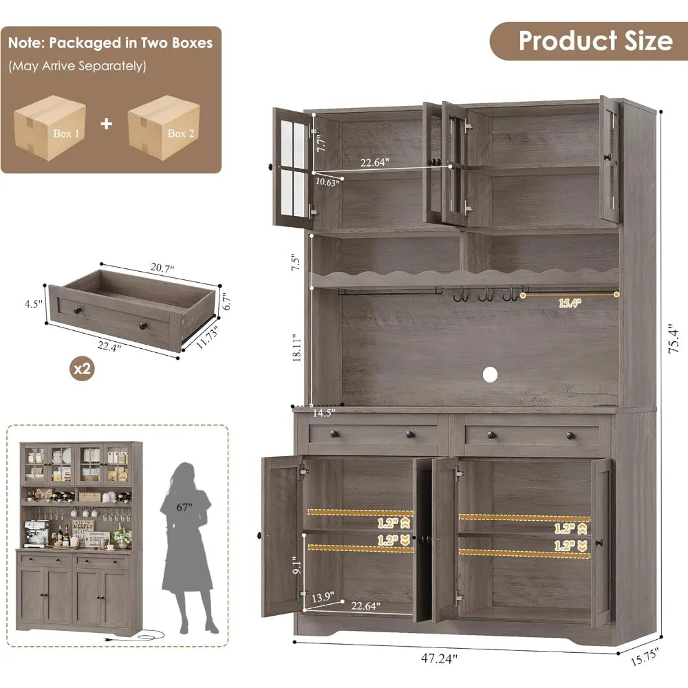 Tall Modern White Kitchen Pantry Cabinet with Charging Station, Microwave Stand, and Wine Rack