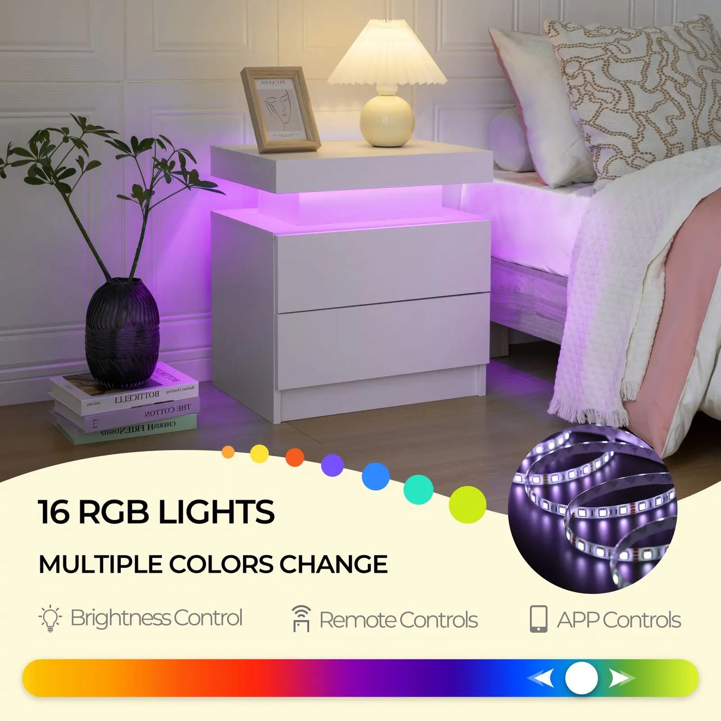 Cubehom LED Nightstands With 2 Drawers And RGB Lighting
