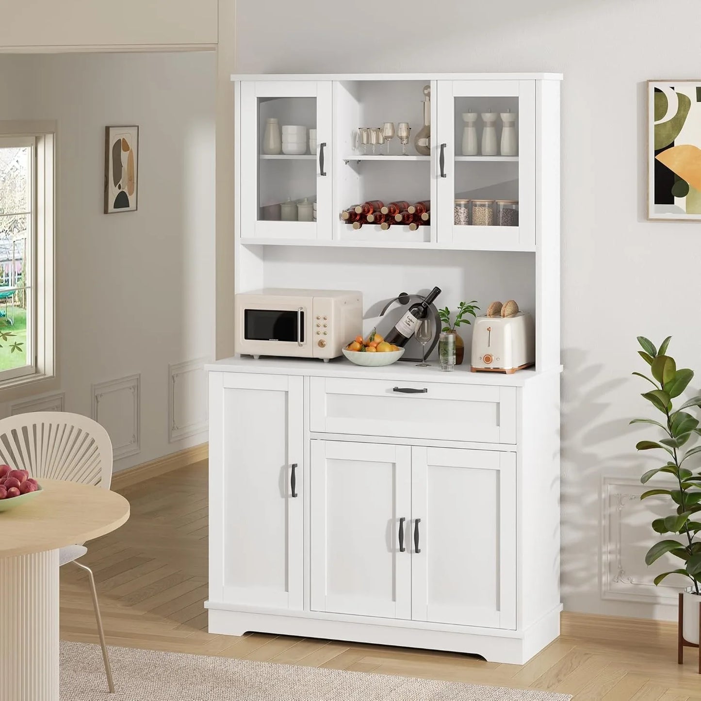 Pantry Storage Cabinet, standing Buffet Cabinet  Microwave Stand & 4 Door She,  Hutch