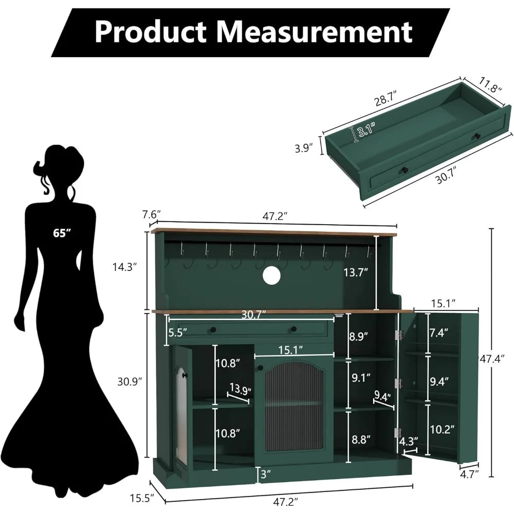 48” Kitchen Pantry with Glass Doors, Wood Coffee Bar Cabinet with Drawer, Green Microwave Cabinet with Hutch, Farmhosue Buffet