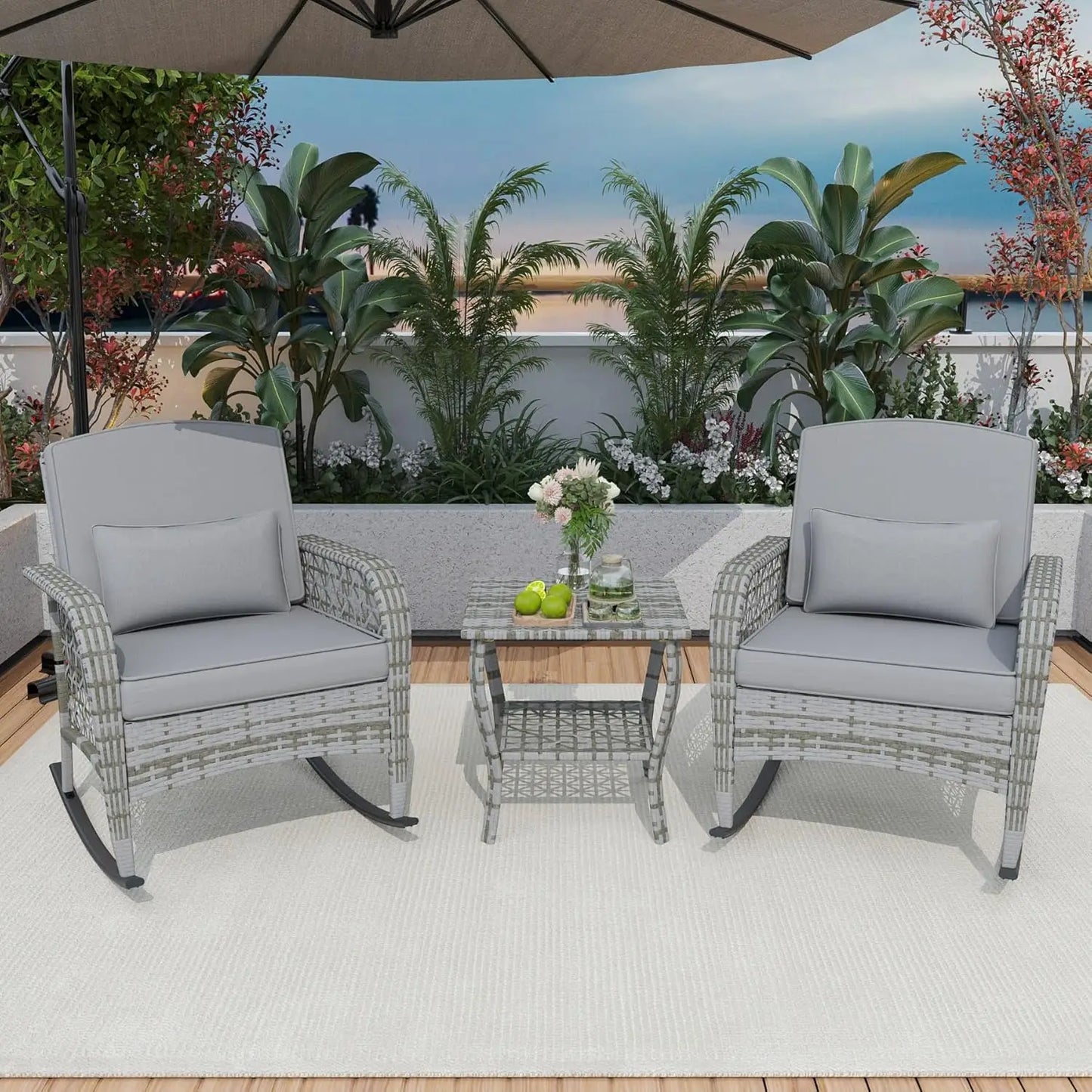 3-Piece Patio Set: 2 Outdoor Rocking Chairs + Wicker Conversation Set with Coffee Table
