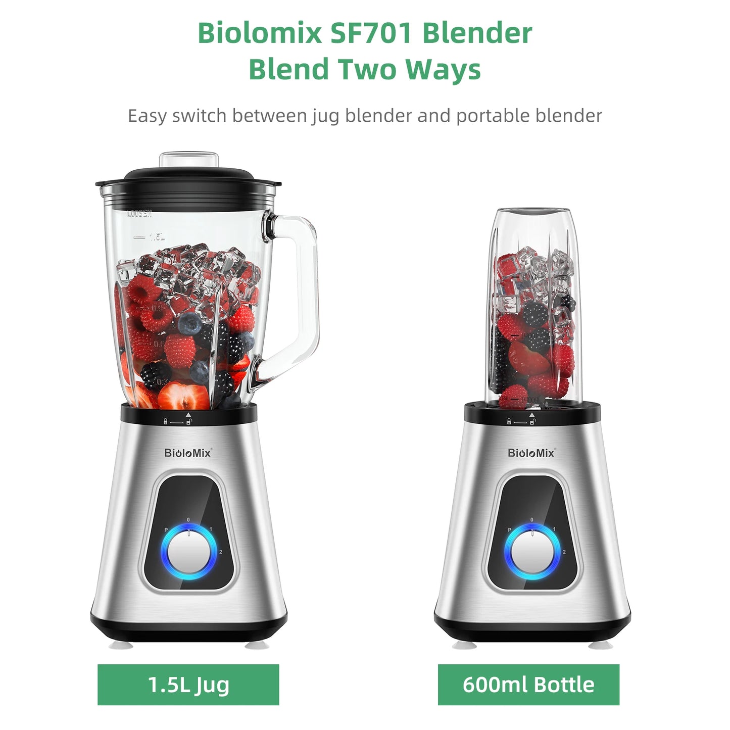 BioloMix 1300W Smoothie Blender For Frozen Fruit Drinks