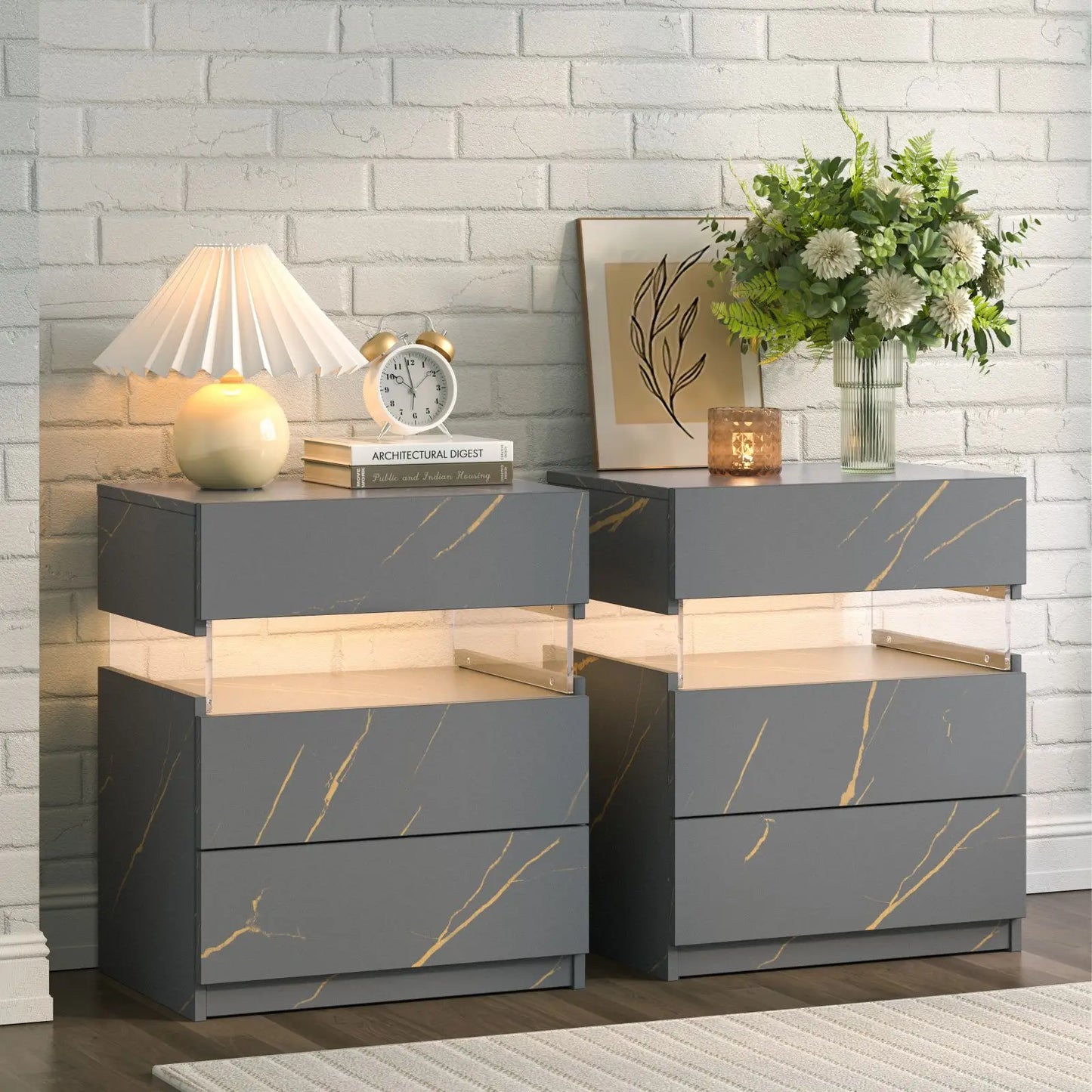 Cubehom Bedside Tables 2Pack With LED Lighting And 3 Drawers