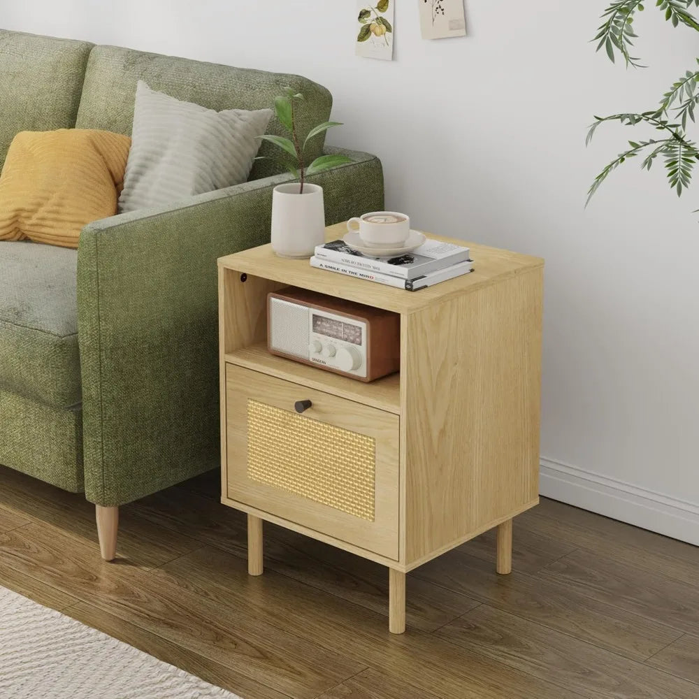 MKDK Rattan Nightstand With Storage Drawer Open Shelf