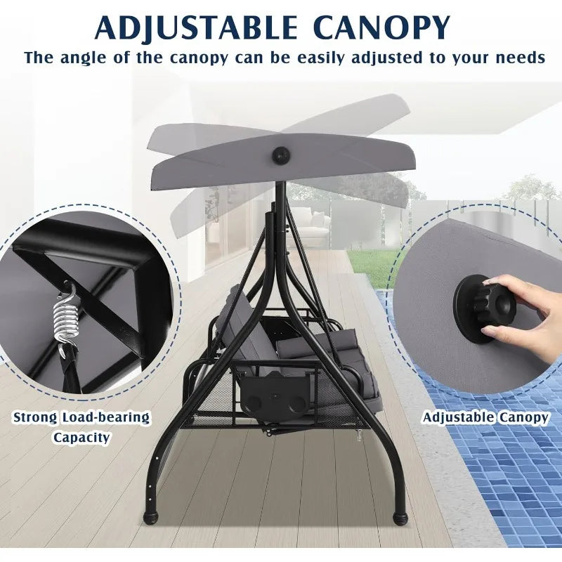 Outdoor Porch Swing with Canopy and Stand, 3 Person Patio Swing for Adults, Convertible 2 in 1 Porch Bed Swing with Cup