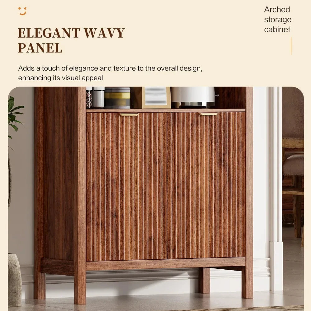 71" Tall Arched Kitchen Pantry,Modern Fluted Wood Storage Cabinet with Doors,Adjustable Shelves,Organizer, Versatile Cupboard fo