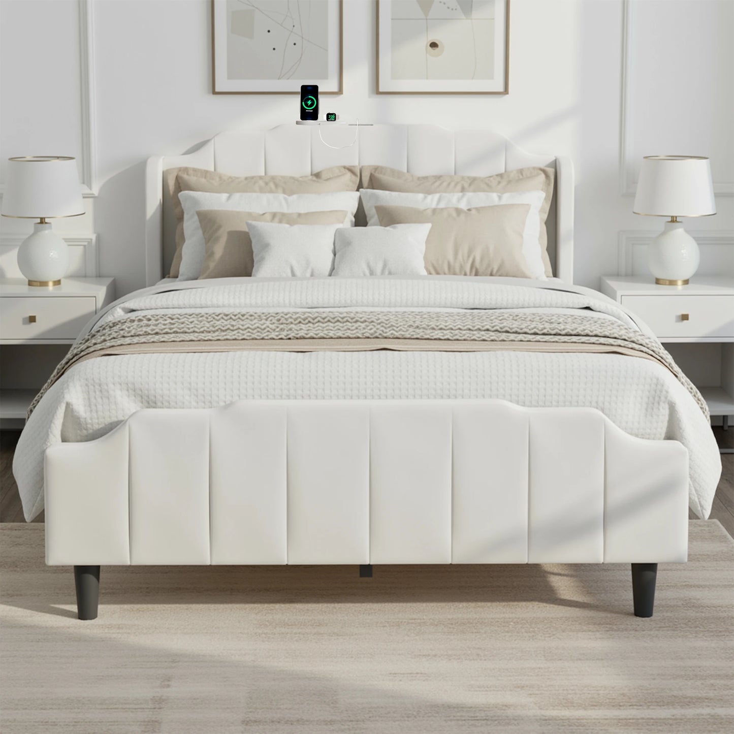 HOOMIC Velvet Platform Bed Frame With Tufted Wingback Headboard ChargingStation