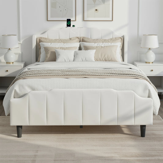 HOOMIC Velvet Platform Bed Frame With Tufted Wingback Headboard ChargingStation