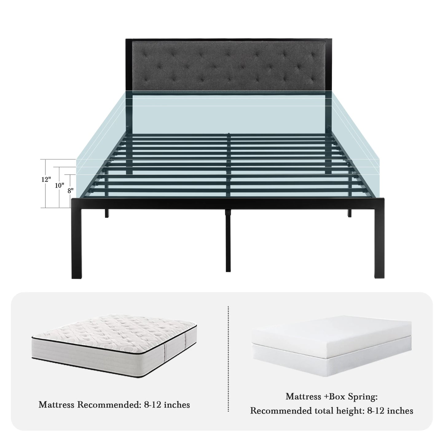 HOOMIC Metal Bed Frame With Upholstered Headboard In Linen Fabric Sturdy Foundation No Box Spring Needed