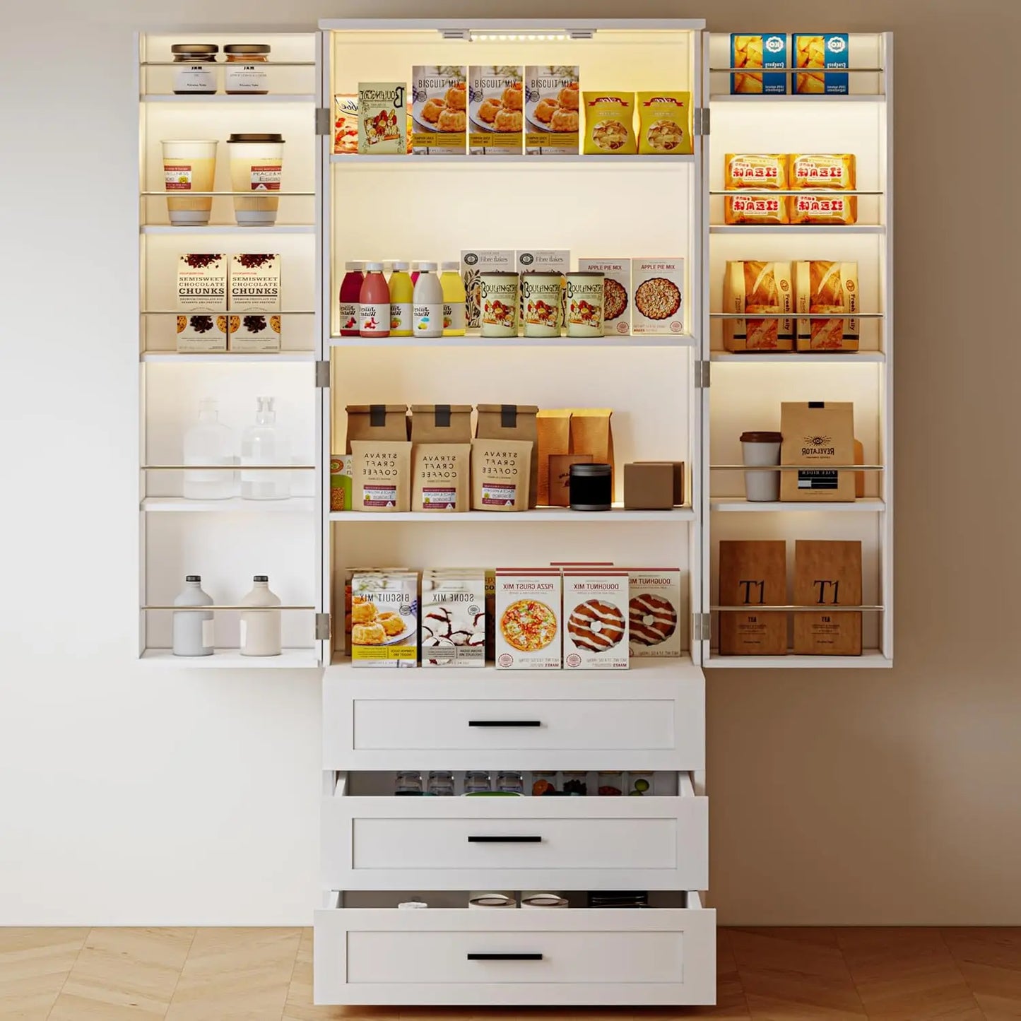 Chengwei Farmhouse Pantry Cabinet With Barn Doors Three Drawers