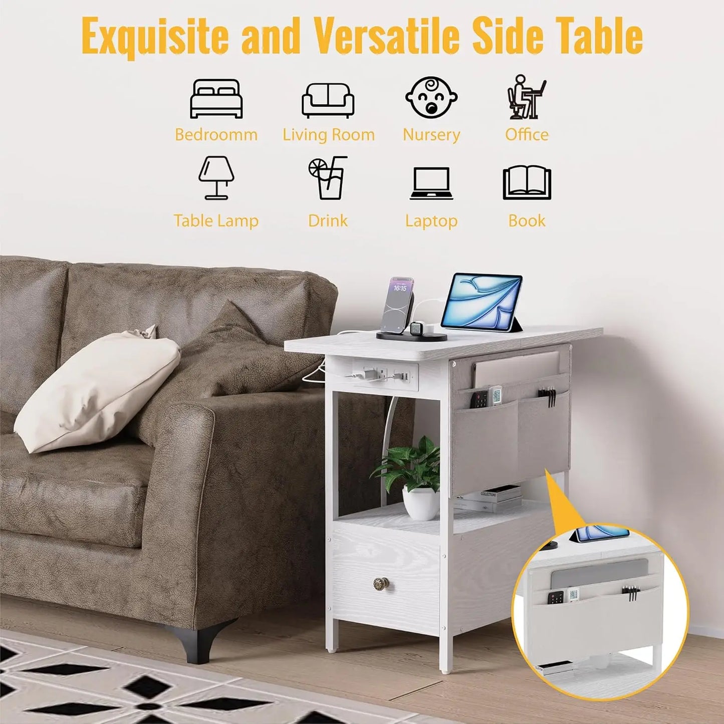 General Use Antique Style Small Side Table With Charging Station