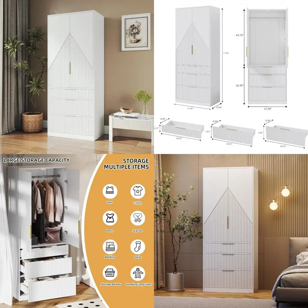 Wooden Wardrobe Armoire With Double Doors And 3 Drawers