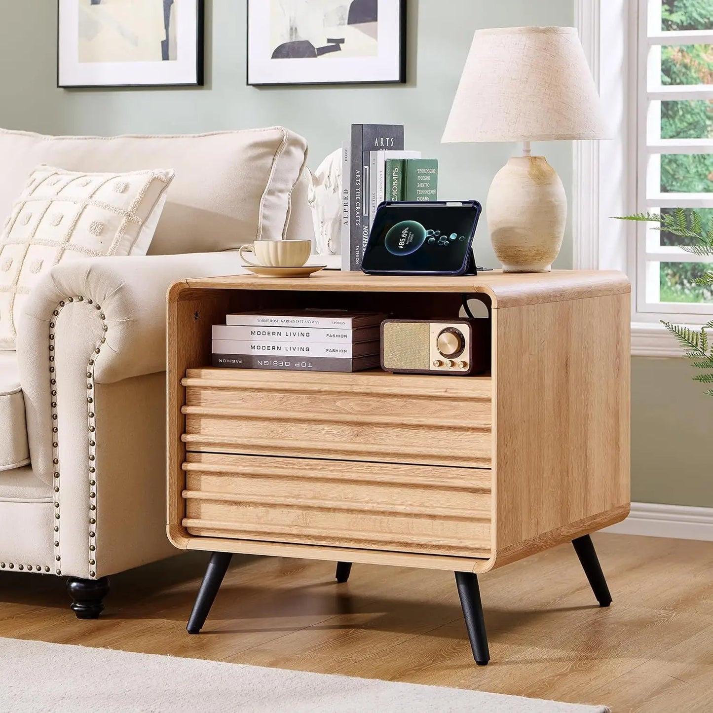 Fluted Nightstand with Charging Station,24" Modern Side Table with 2 Drawers, Mid Century End Table w/Storage