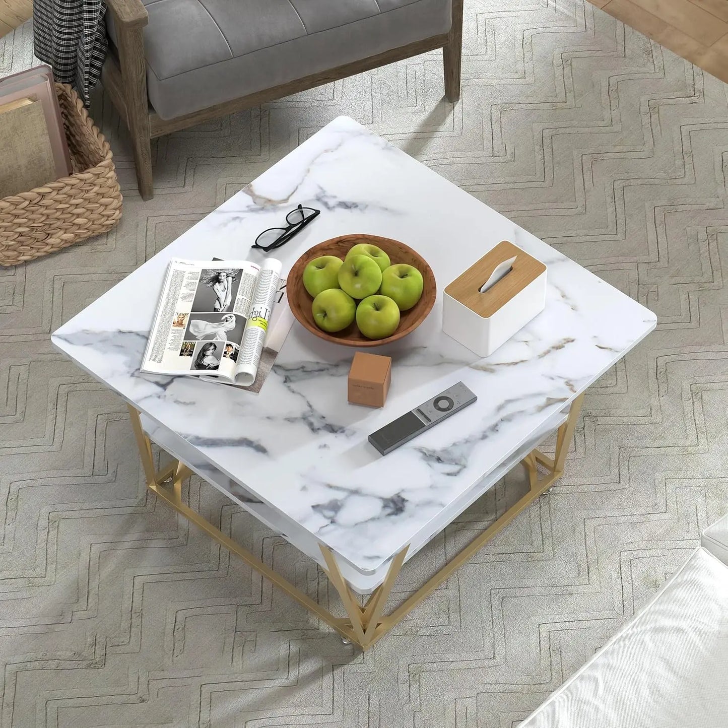 MERRONIX Two-Tier Modern Coffee Table With Wooden Tabletop Metal Frame