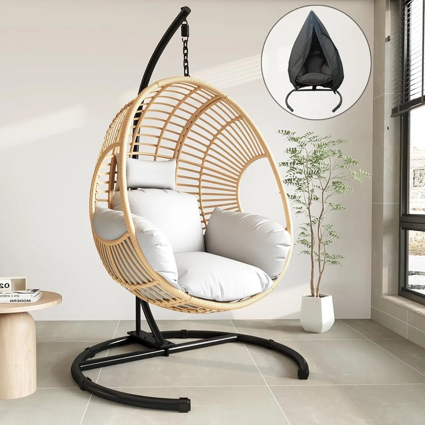 Hanging Egg Chair with Stand - Egg Swing Chair Outdoor Indoor Patio Wicker Chair Swing Hammock Egg Chairs 400lbs Capacity