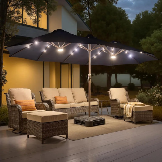 Outdoor Market Umbrella With Base And Solar LED Lights