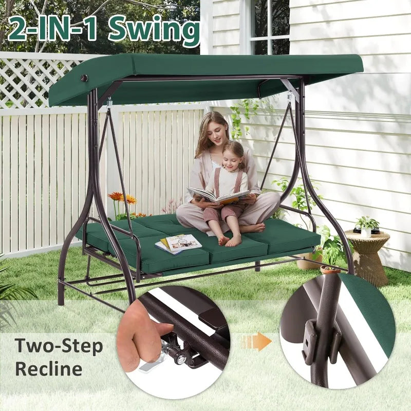 3-Seat Outdoor Patio Swing Chair, 2-in-1 Convertible Porch Swing Glider Chair with Removable Cushions, Adjustable Canopy