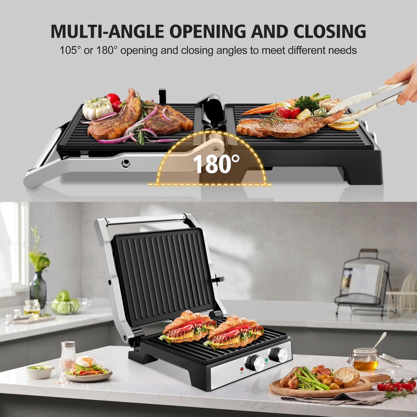 Cachoo 1600W Panini Press 4 Slice With Adjustable Temp