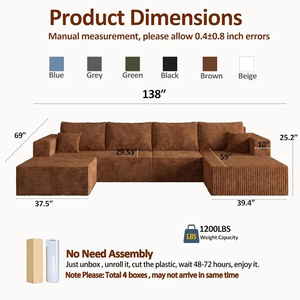 XIAOLANG Modern U Shaped Corduroy Sectional Sofa With Plush Comfort