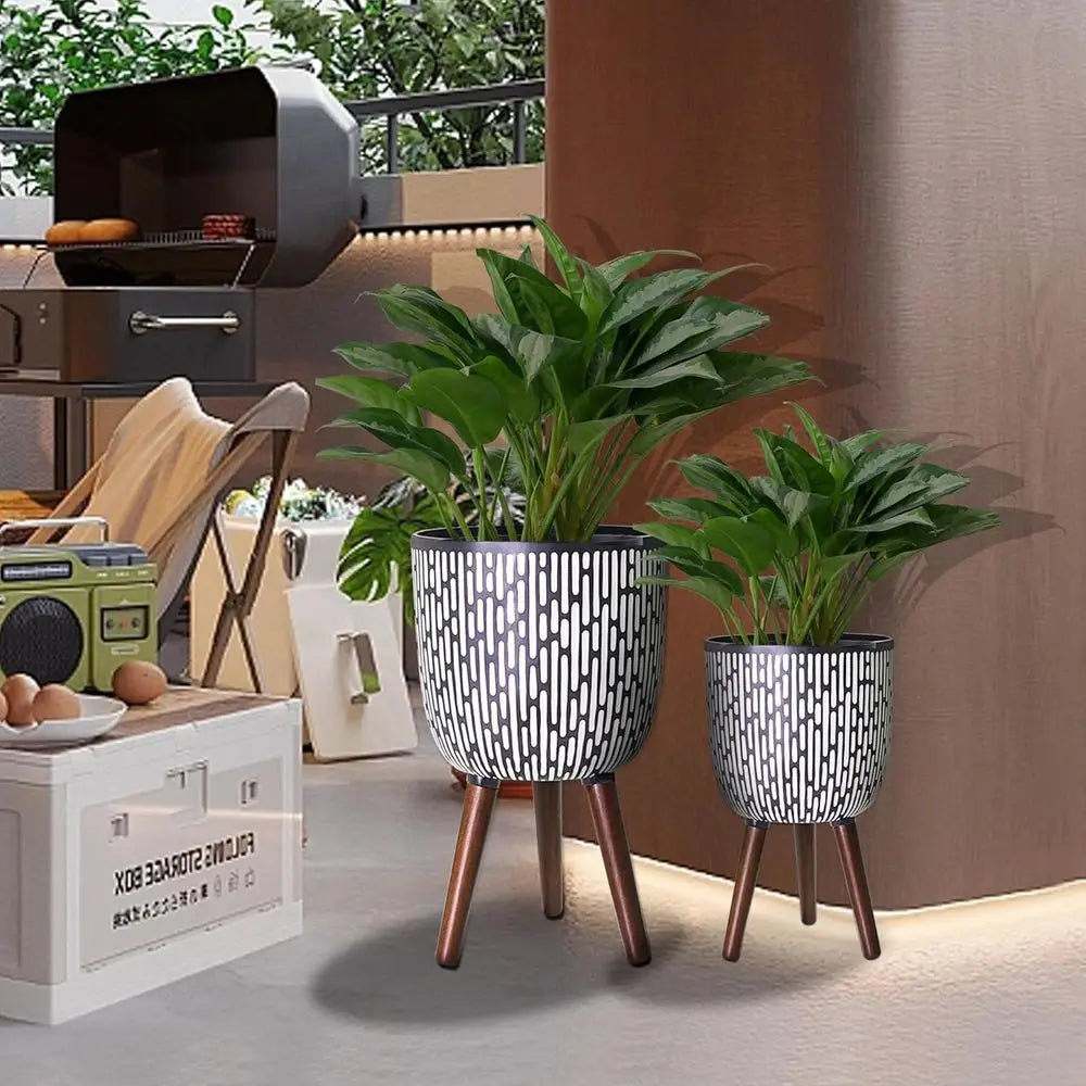 Plant Pot Set with Stand Mid-Century Boho Indoor Planters