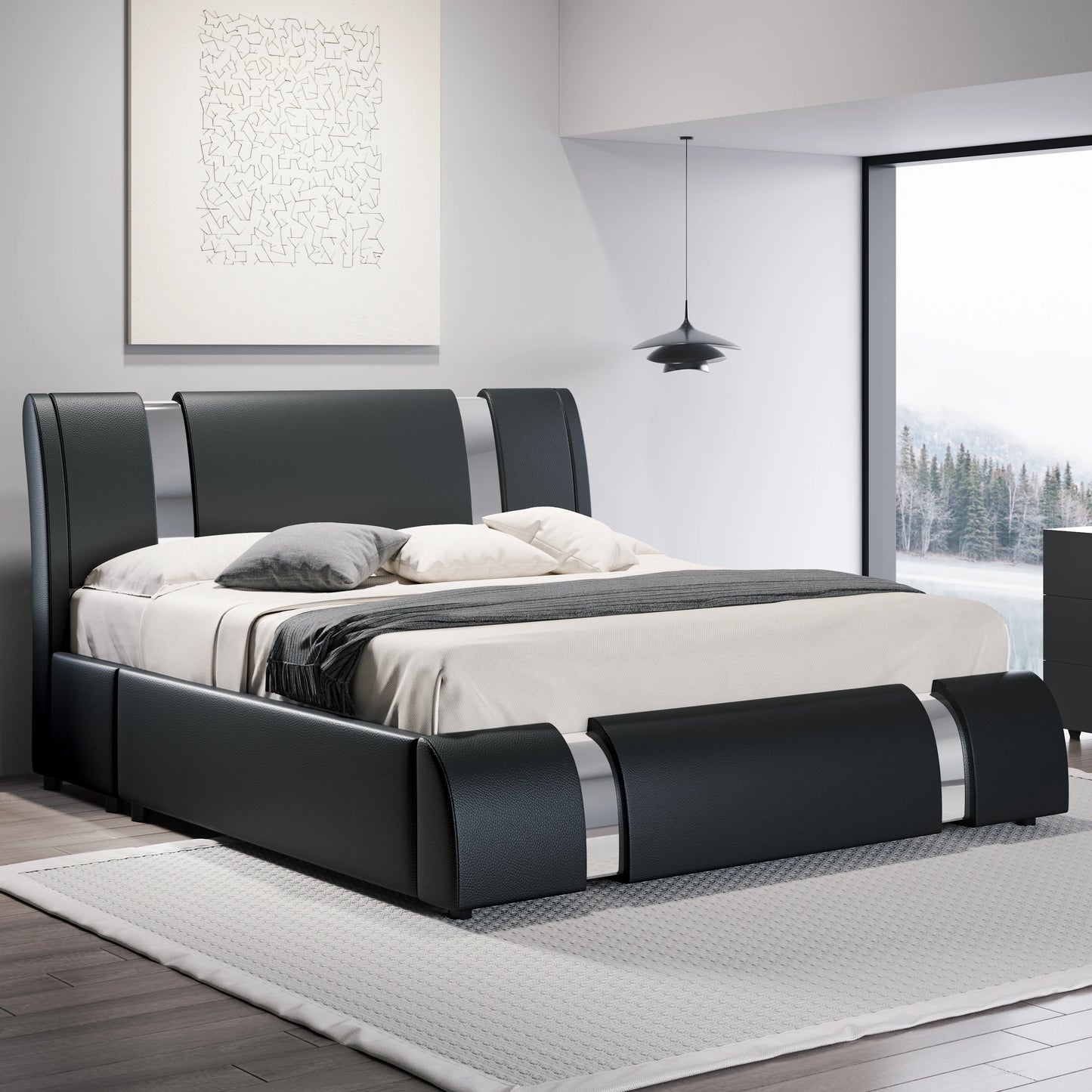 HOOMI Modern Faux Leather Bed Frame With Iron Decor