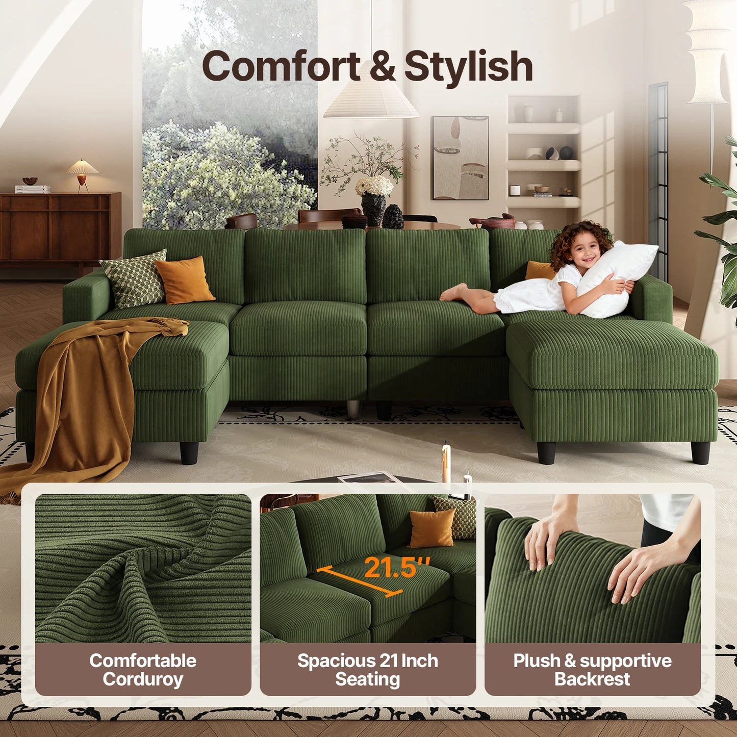 QWCCN Corduroy U Shape Sectional Sofa With Ottomans