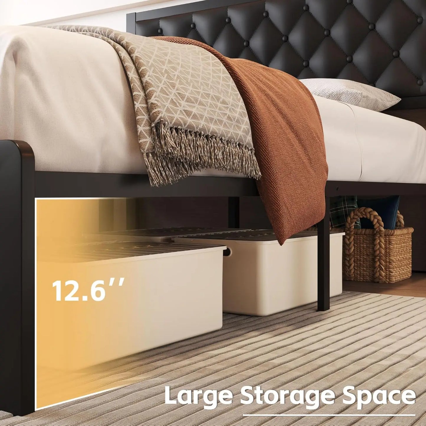 XMSJ PU Leather Upholstered Bed Frame With Headboard