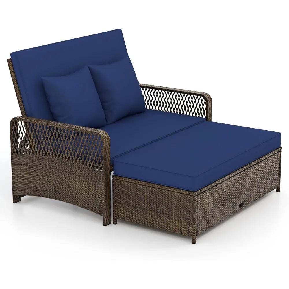 Patio Adjustable Wicker Daybed, Rattan Loveseat & Storage Ottoman w/ 4-Level Backrest & Soft Cushions, Space-Saving 2-Person Su