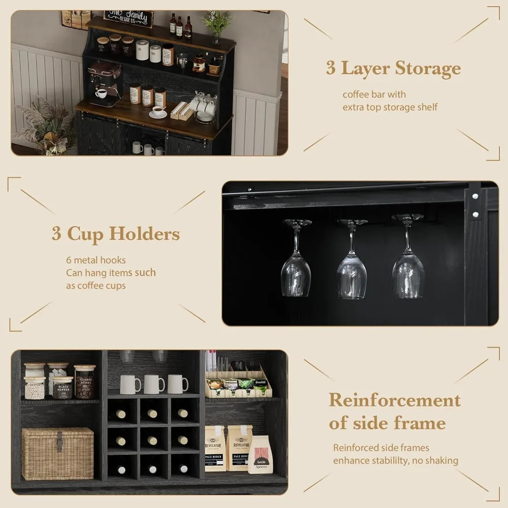 47" Farmhouse Coffee Bar with 3-Tier Storage, Kitchen Hutch with 12 Wine Racks & 3 Glass Holders, Coffee Hutch Cabinet with
