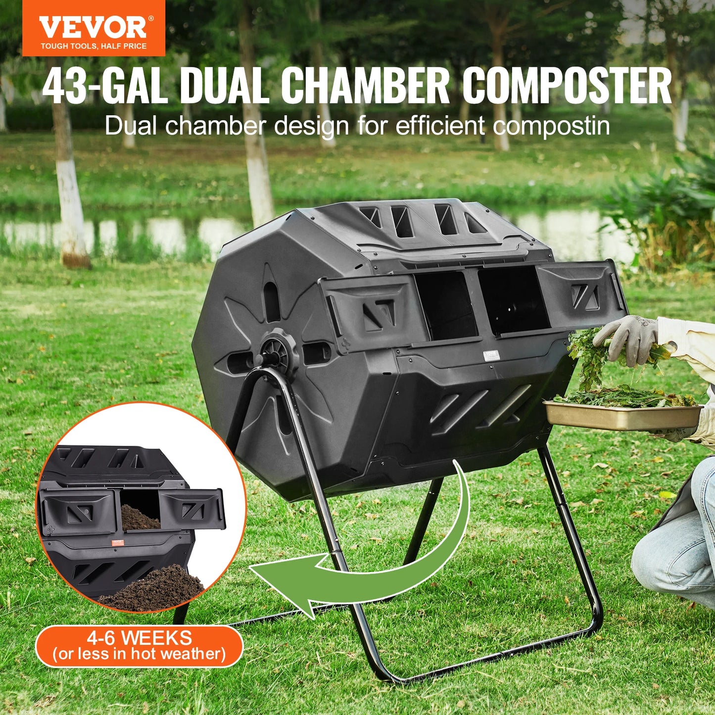 43 Gallon Tumbling Composter Dual Chamber Garden Kitchen