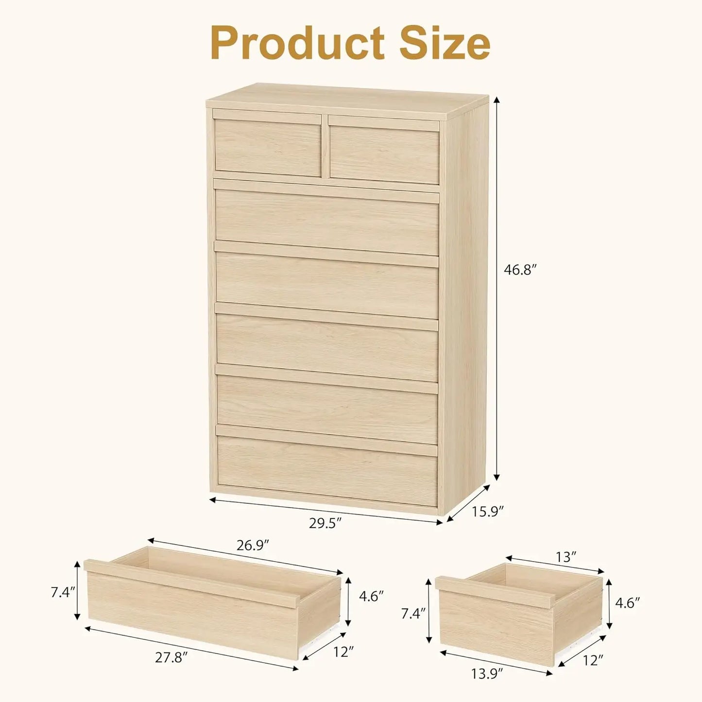 7 Drawer Dresser for Bedroom, 46" Tall Modern 7 Chest of Drawers with Large Storage Space, Wooden Dresser Organizer