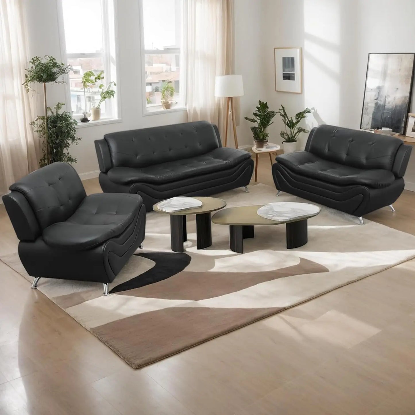 Leather Living Room Sofa Set With Metal Leg Supports