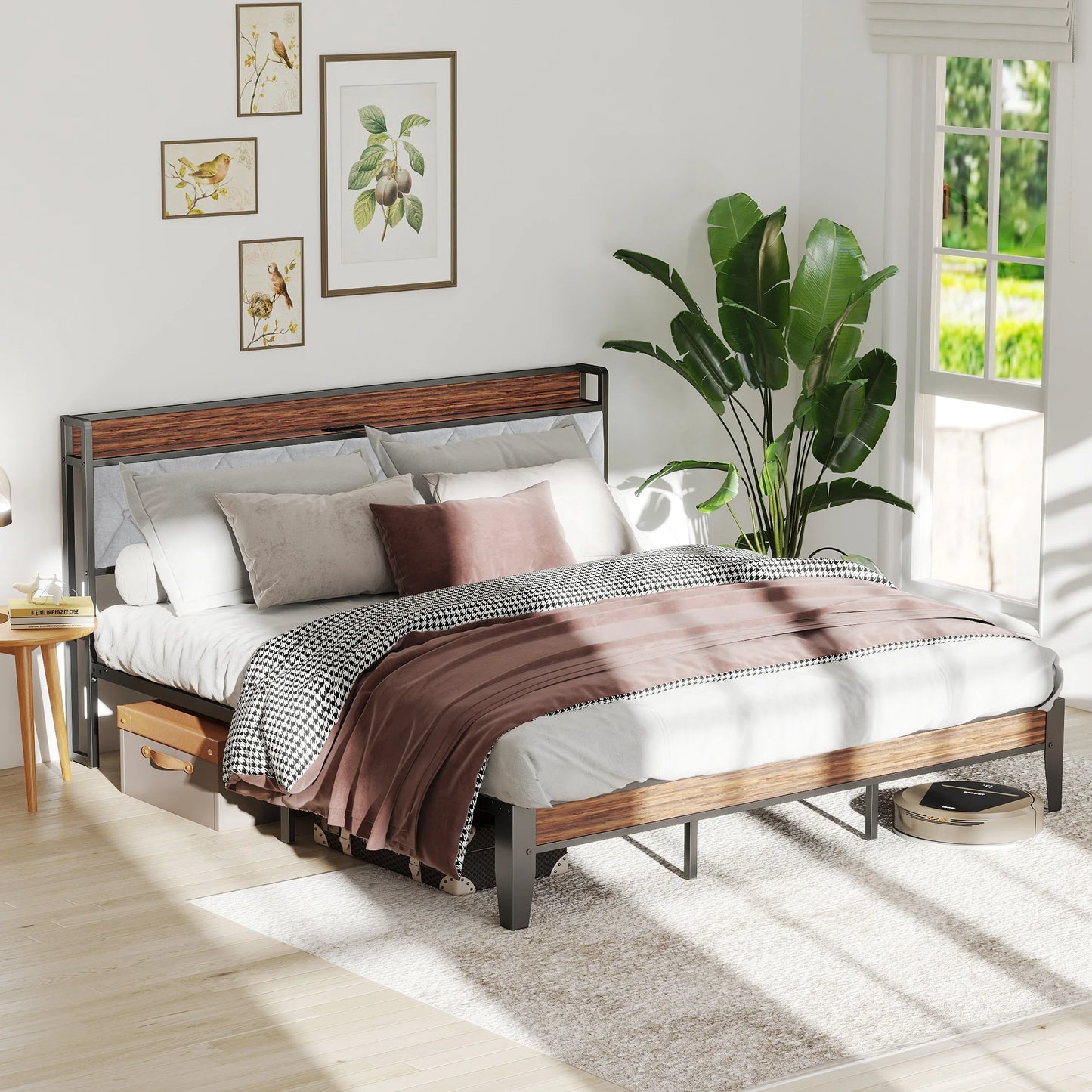 JHK King Size Metal Bed Frame With Storage And Charging Station, Heavy Duty 1100 Lbs Capacity, Easy Assembly, Headboard