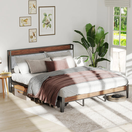 JHK King Size Metal Bed Frame With Storage And Charging Station, Heavy Duty 1100 Lbs Capacity, Easy Assembly, Headboard