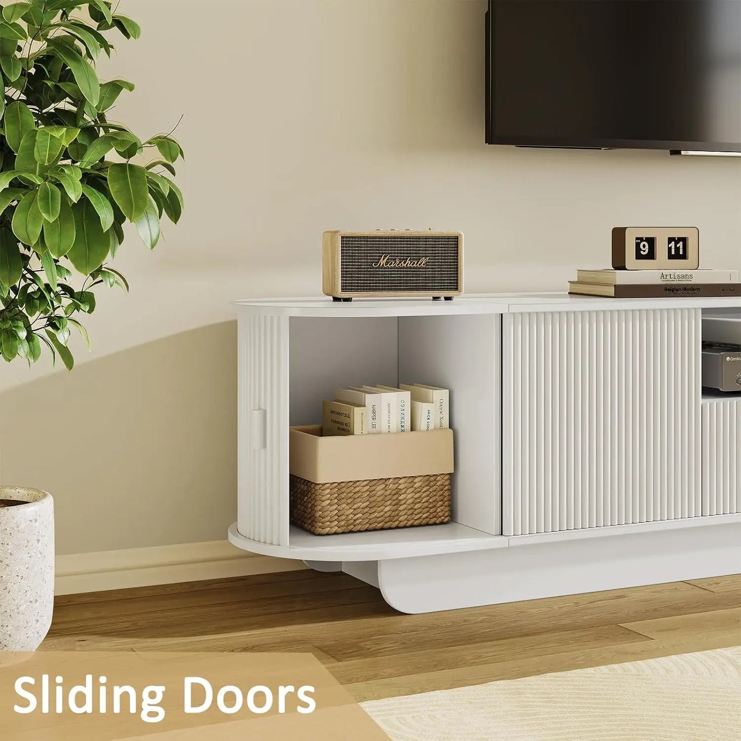 86.61'' Tambour TV Stand for 55-85 Inch, Modern Entertainment Center with Large Storage Cabinet & Open Shelves, TV Console