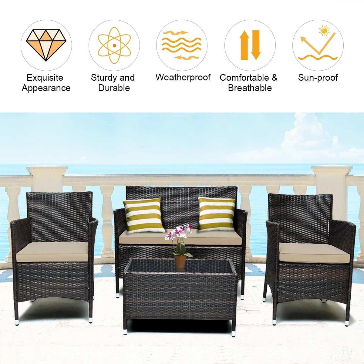 HOMASIS 4 Piece Rattan Patio Furniture Set Cushioned Sofa Chairs