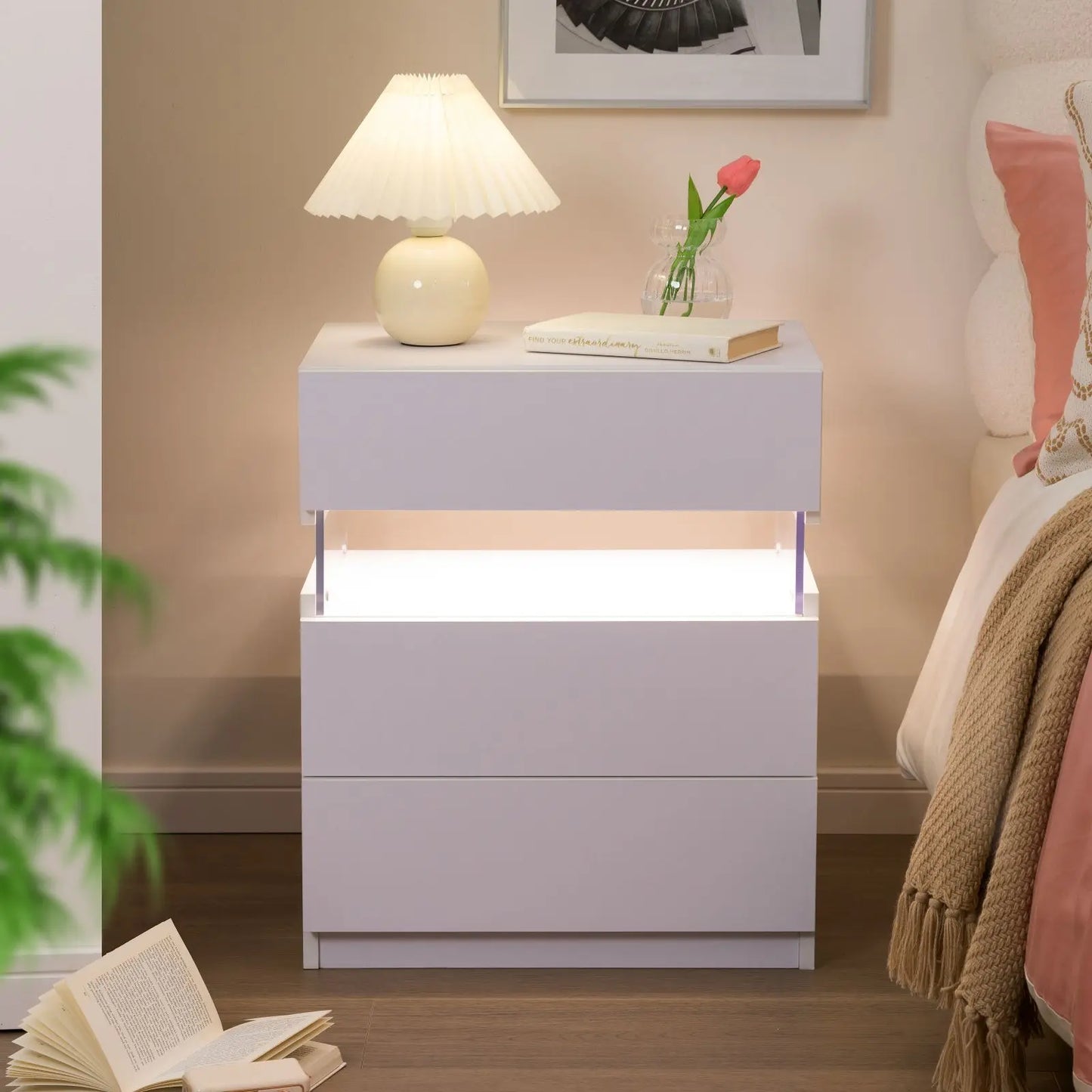 Cubehom Bedside Tables 2Pack With LED Lighting And 3 Drawers