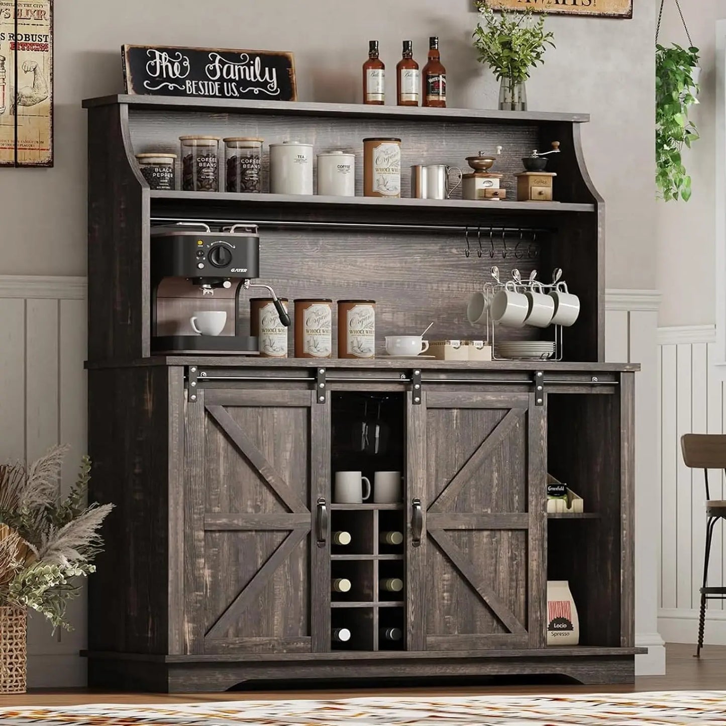 47" Farmhouse Coffee Bar with 3-Tier Storage, Kitchen Hutch with 12 Wine Racks & 3 Glass Holders, Coffee Hutch Cabinet with