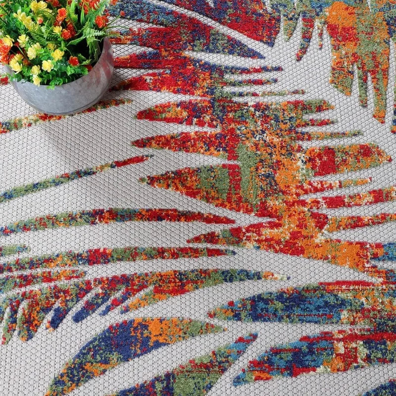 Indoor Outdoor Area Rug, Floor Decor Perfect for Patio, Pool, Deck, Kitchen, Entryway, Tropical Leaves Coastal Style Ru