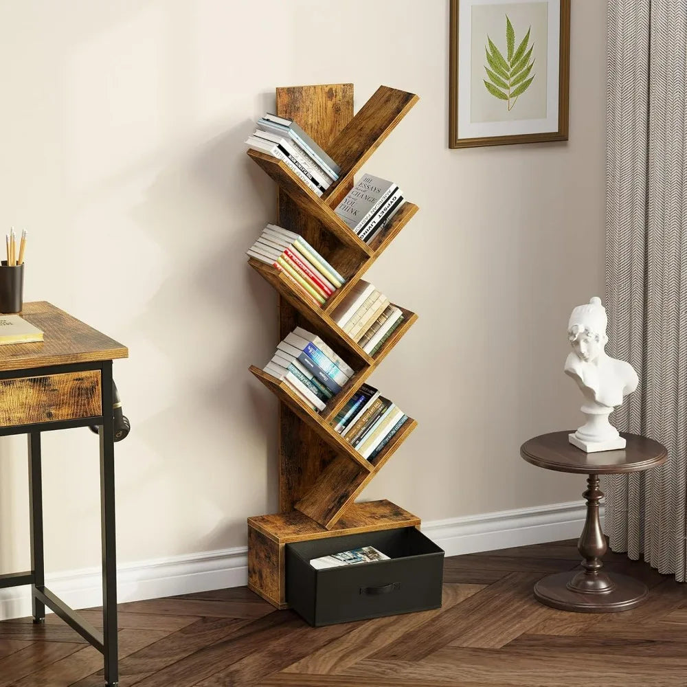 7 Tier Tree Bookshelf With Drawer Storage Rack Living Room