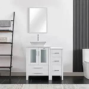 36" Modern Bathroom Vanity Sink Combo White W/Small Side Cabinet Turquoise Square Glass Vessel Sink & Water Save Faucet & Pop U