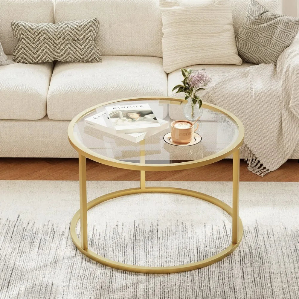Round Glass Coffee Table With Metal Frame For Living Room