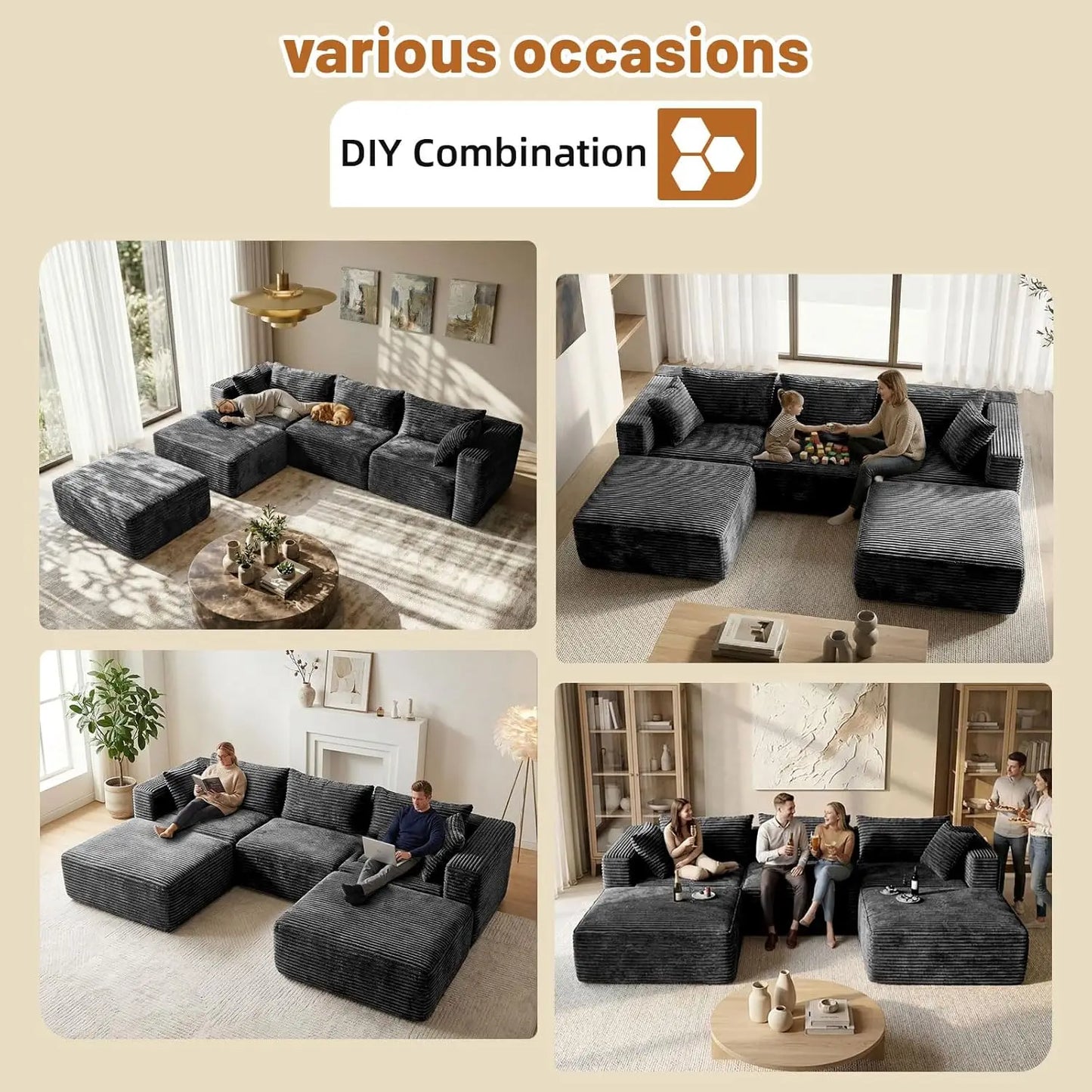 Modular Sectional Sofa With Ottomans Corduroy Upholstery