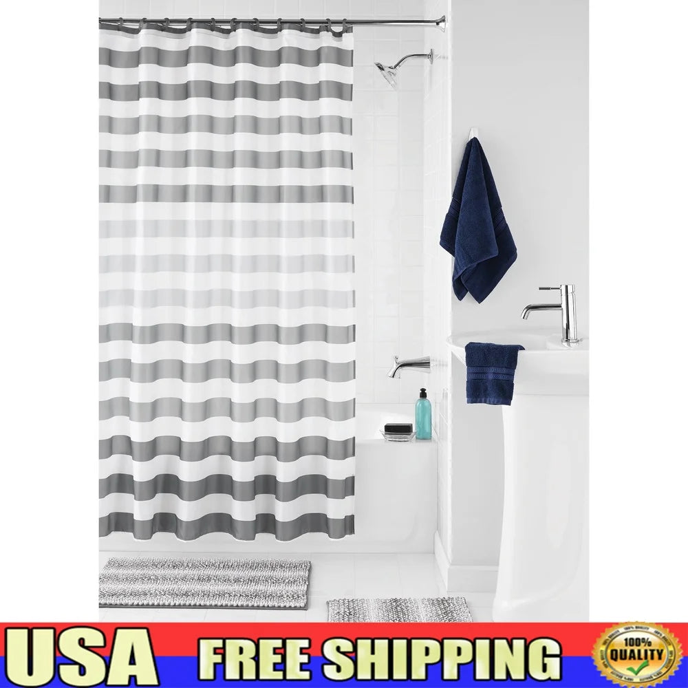 15-Piece Ombre Stripe Polyester Shower Curtain Set with Hooks and Non-Skid Bath Rugs Bathroom Décor Upgrade