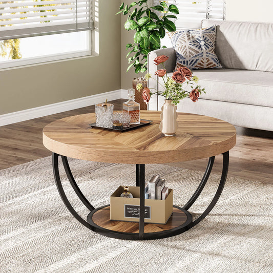 Tribesigns Round Coffee Table With Two Tier Storage Shelves