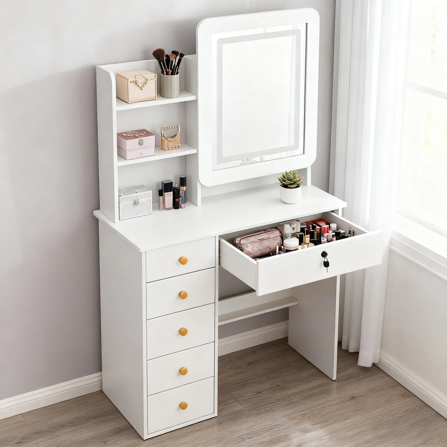 Simple Modern Makeup Vanity With LED Mirror And Storage Shelves