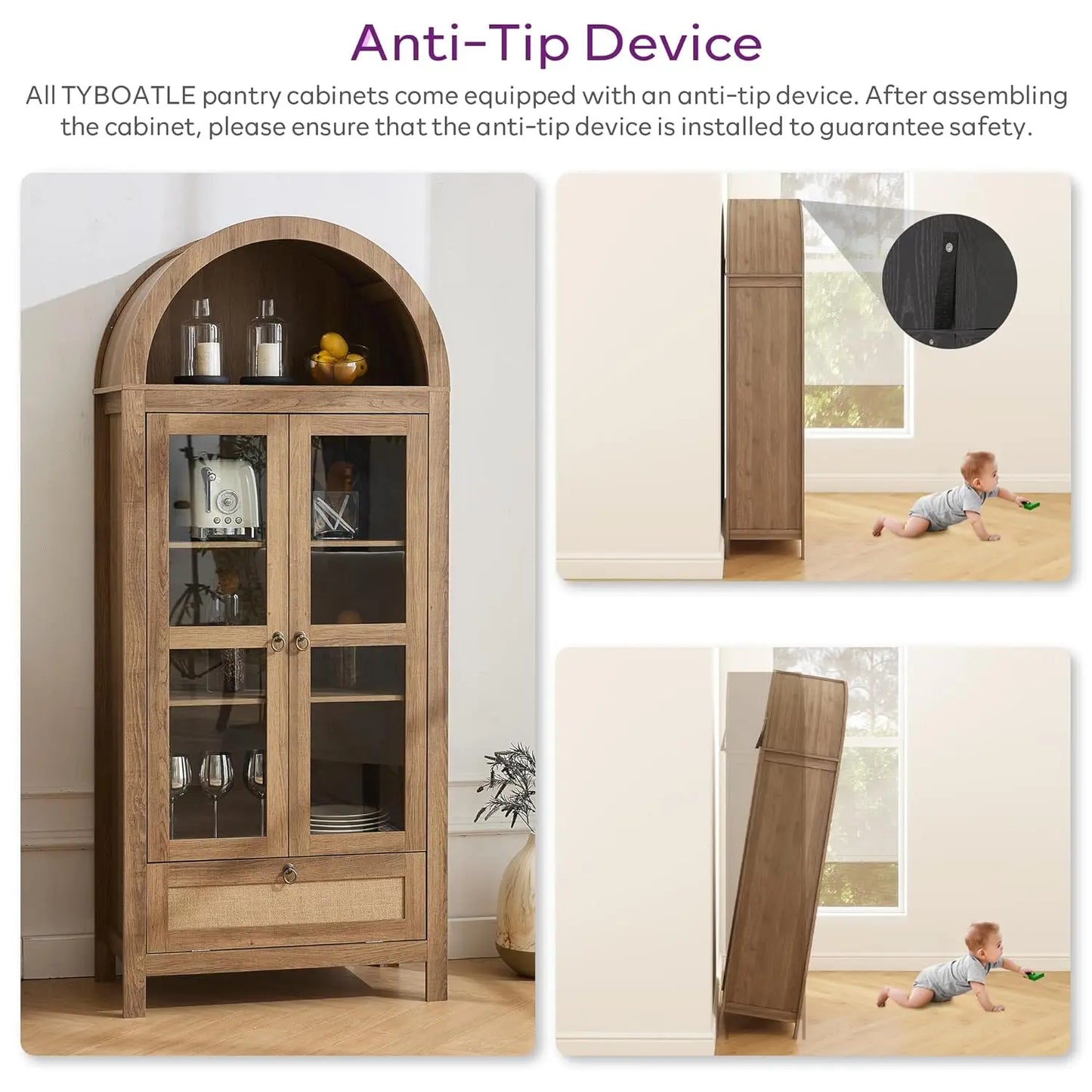 CHENGWEI Arched Pantry Cabinet With Innovative Drawer And Glass Door
