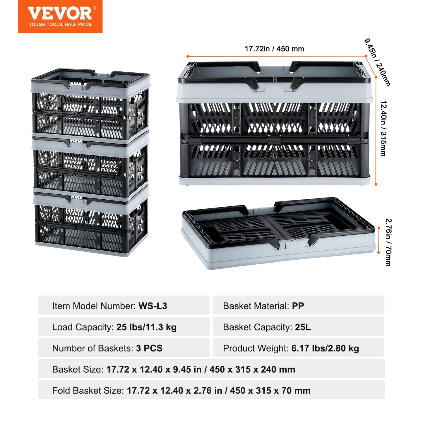 SucceBuy 3pc Foldable Storage Basket Crate For Kitchen