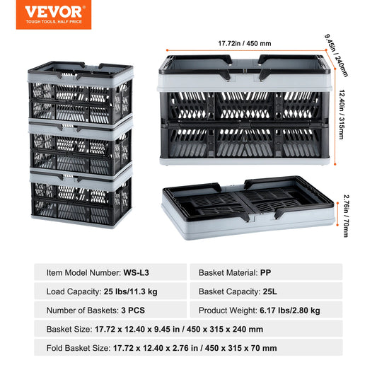 SucceBuy 3pc Foldable Storage Basket Crate For Kitchen